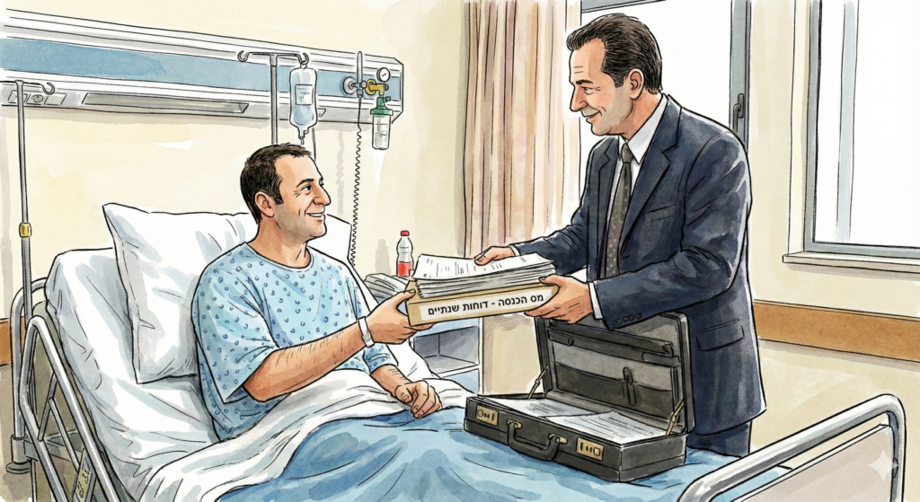 יועץ מס מגיש מסמכים למטופל בבית חולים