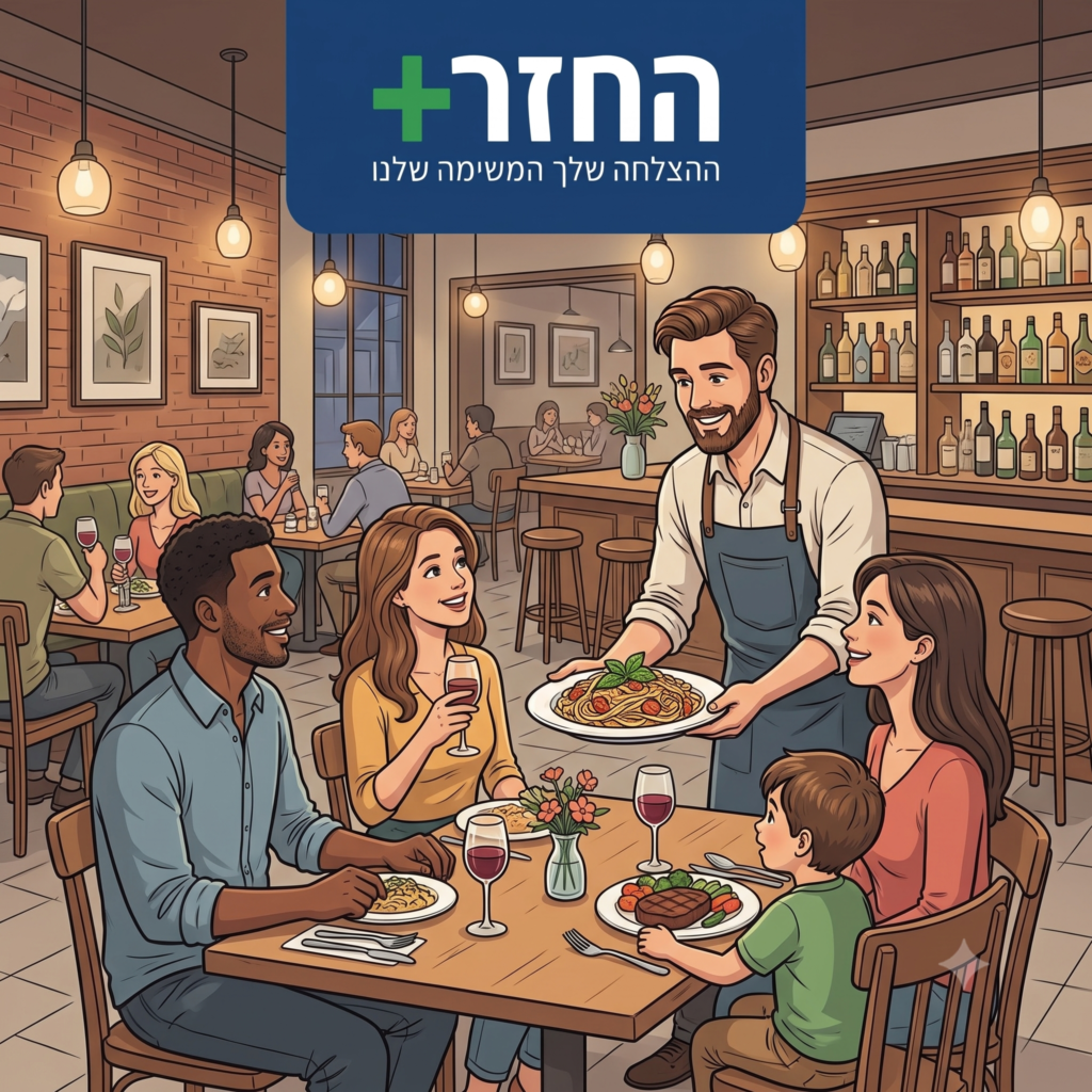 מלצר מוציא אוכל לשולחן של 4 נפשות