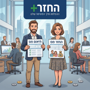 גבר ובחורה מחיזקים כל אחד ביד טופס שרשום עליו החזר מס