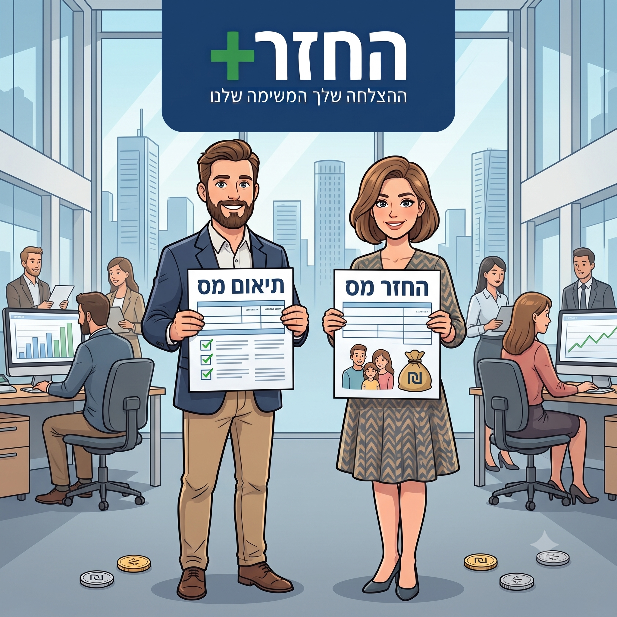 גבר ובחורה מחיזקים כל אחד ביד טופס שרשום עליו החזר מס
