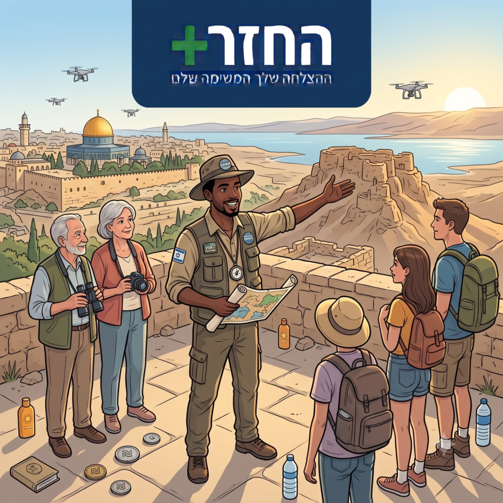 מדריך טיולים מציג בפני קבוצות, נהר ברקע