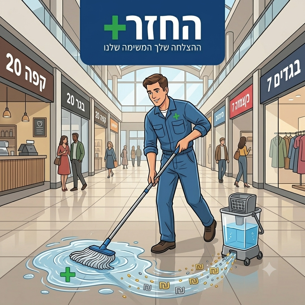 עובד ניקיון אוחז במגב בקניון