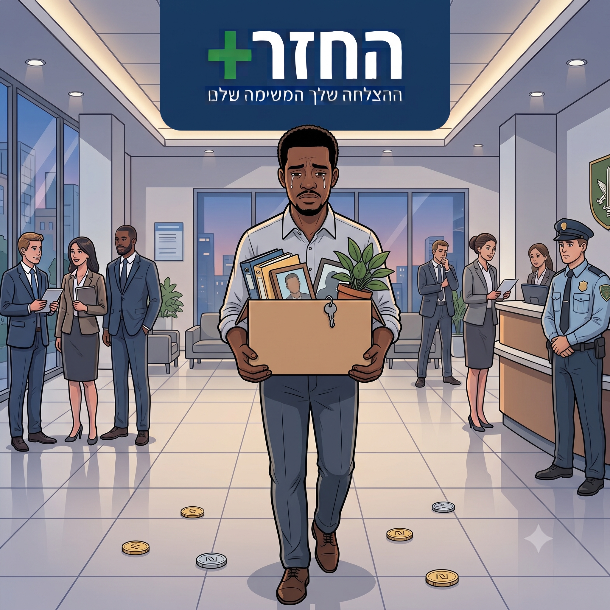 עובד מפטור לוקח ארגז עם כל הציוד שלו מצוייר